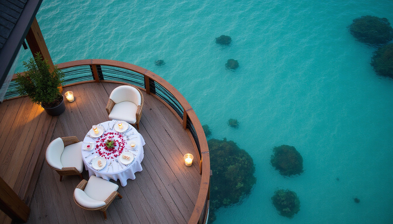  Overwater suite aerial view, turquoise lagoon, rose petals, candlelit dinner on deck, elegant amenities