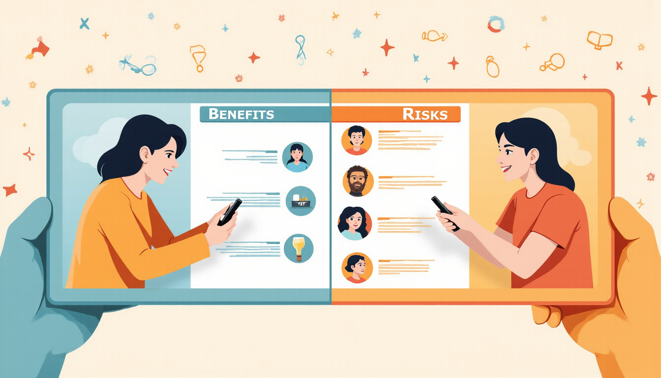  Split-screen illustration showing benefits versus risks, recovery tips icons, warm color palette
