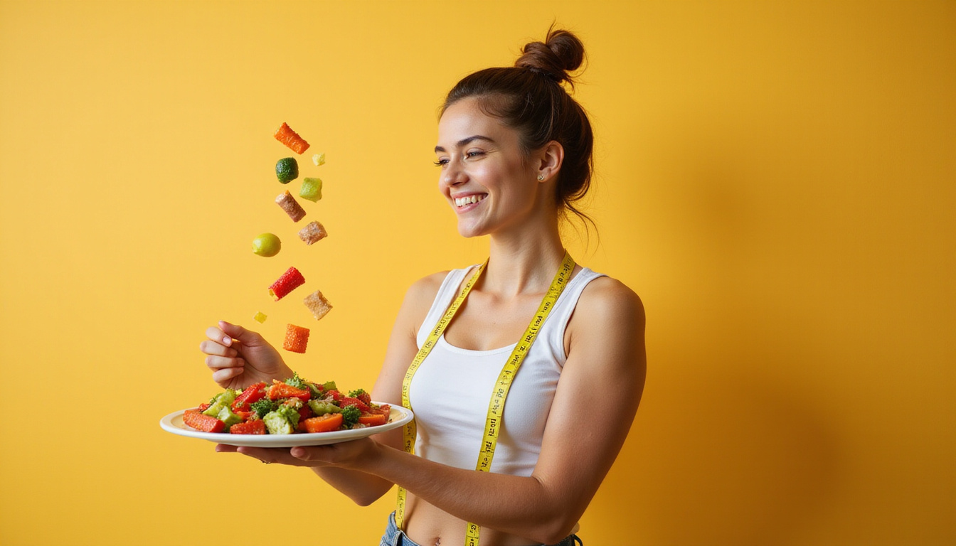  Fit woman smiling, measuring tape, overflowing plate of vegetables, broken candy chains, sunrise