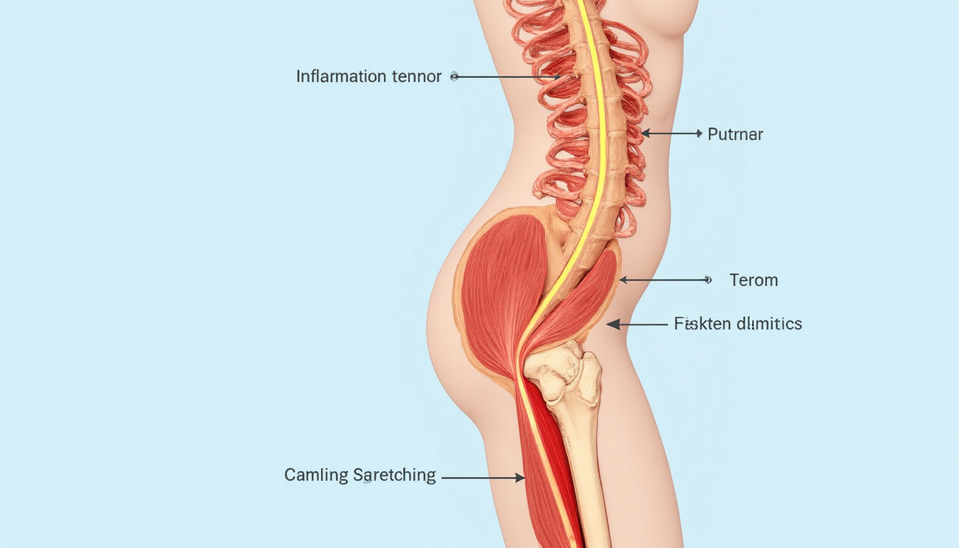  Cutaway anatomical illustration of gluteal tendons, inflammation highlighted, gentle stretching arrows, calming blue palette