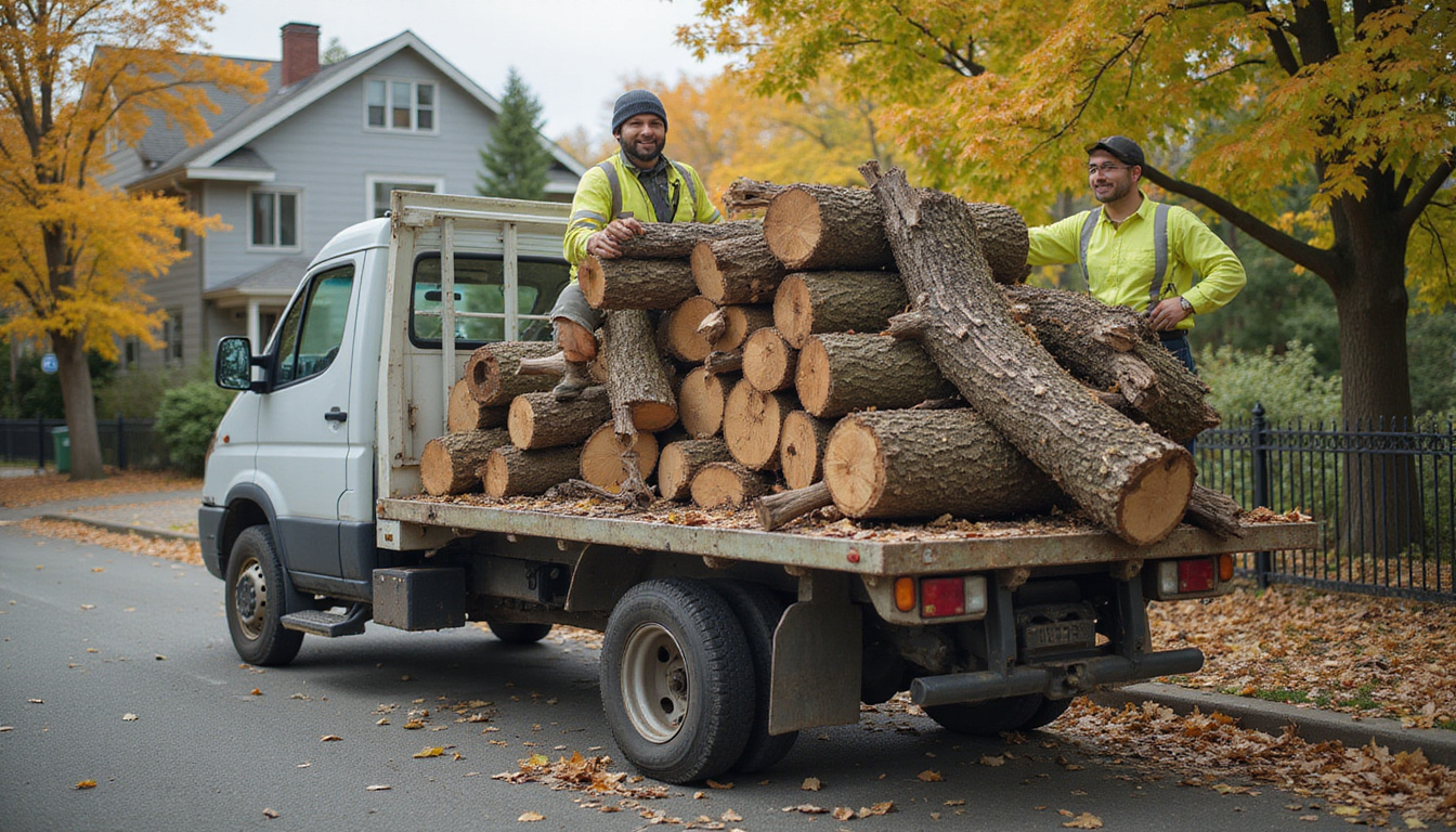  eco-friendly debris removal, pickup truck hauling wood, smiling crew, clean streets, peaceful neighborhood