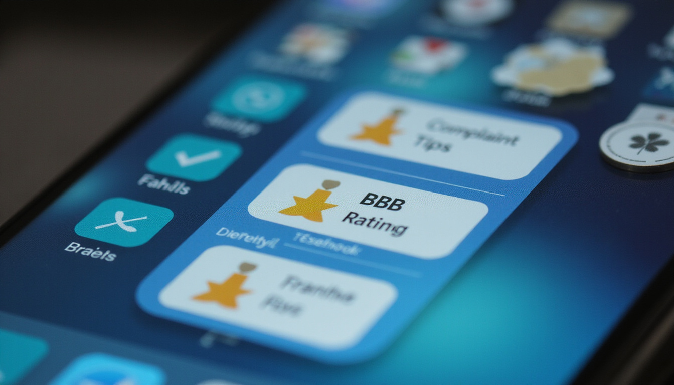  Close-up of smartphone showing BBB rating and complaint icons, checklist tips floating, dim office background