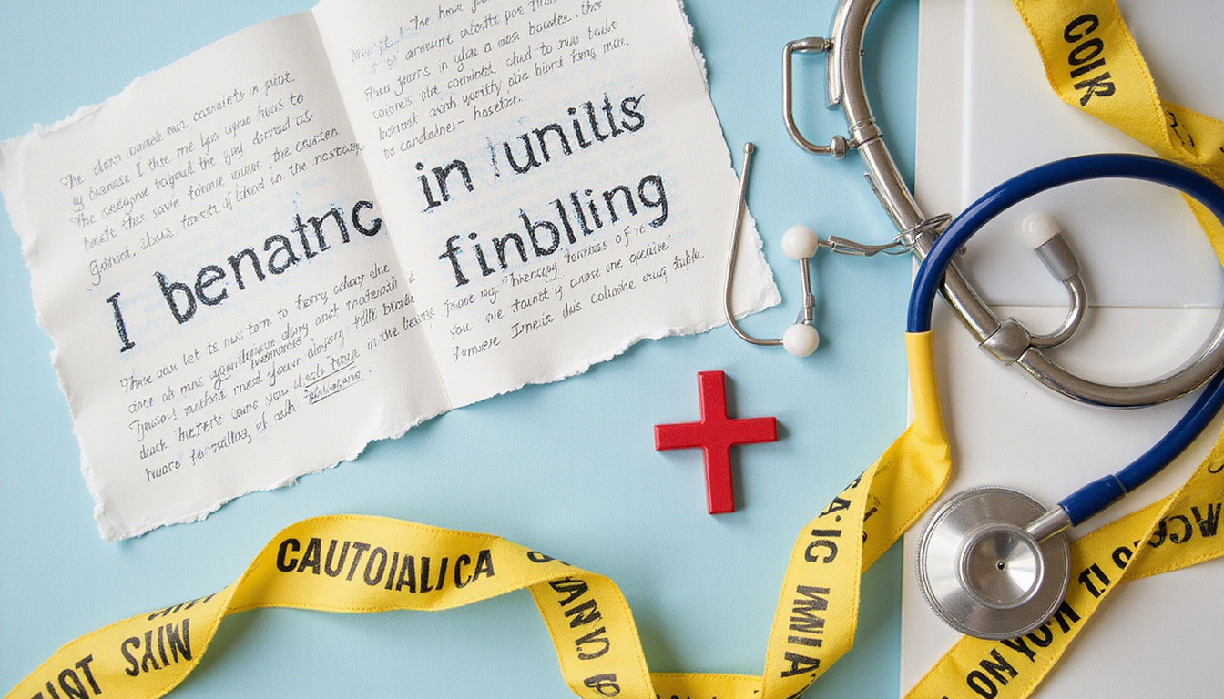  Photo-realistic collage: torn testimonial letters, hospital gurney, stethoscope, cross, caution tape