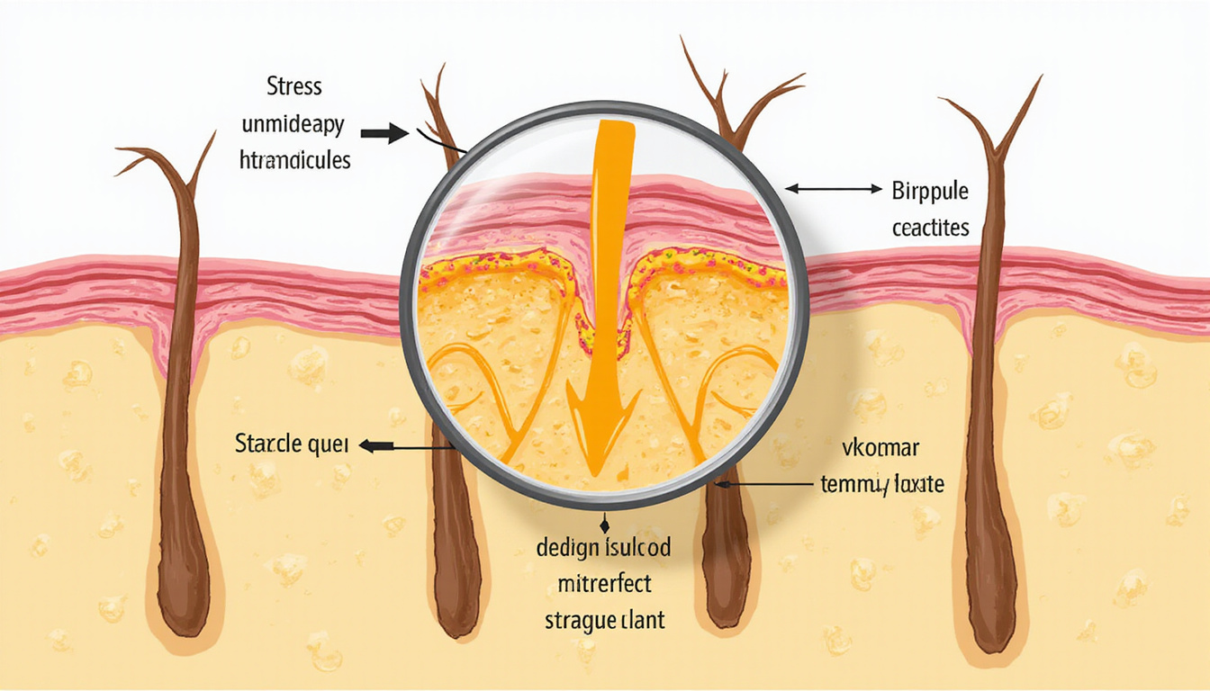  close-up magnified hair follicles infographic with arrows revealing causes: stress, chemotherapy, traction, stylized scientific diagram