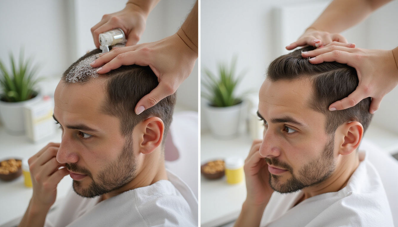  Close-up scalp massage with nourishing oils, before and after regrowth, botanical supplements, calm clinical setting