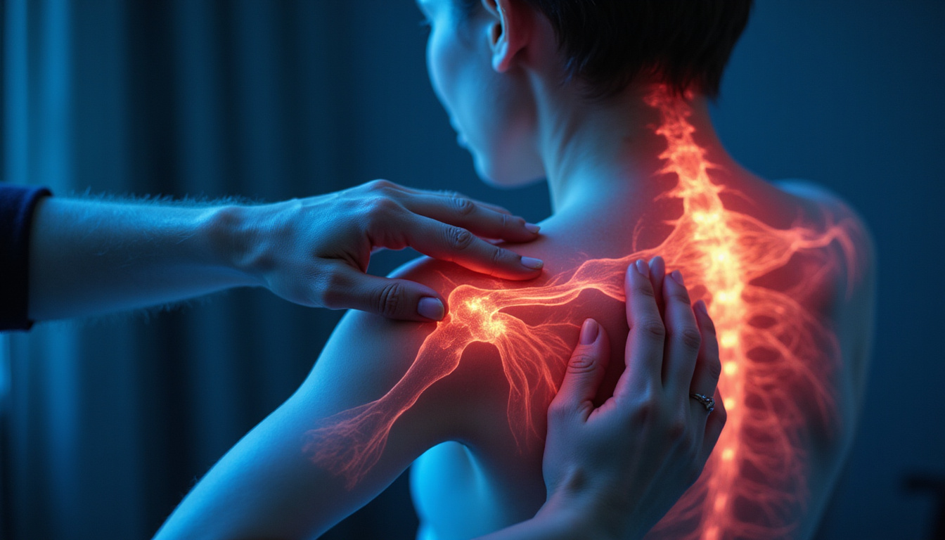  Close-up hands-on therapy on aching shoulder, glowing anatomical pain points fading, patient expression of relief