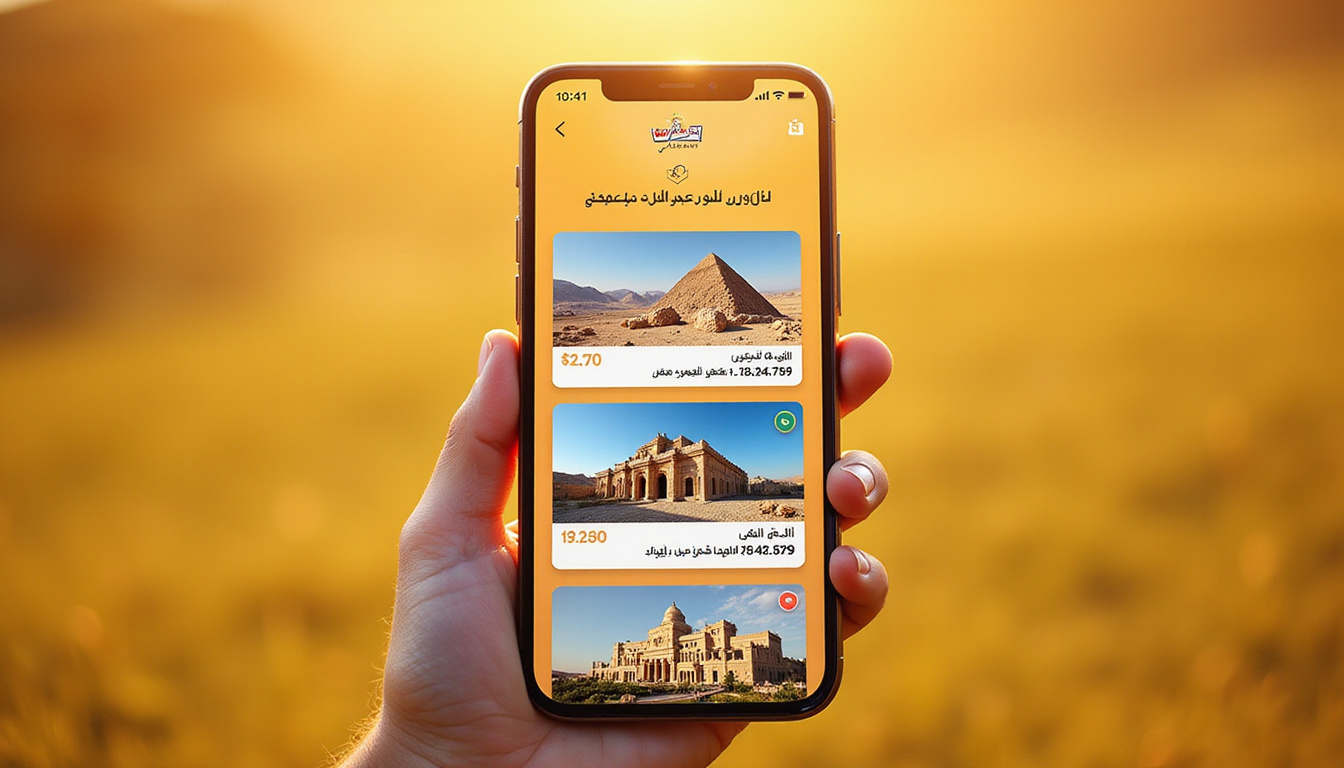  Smartphone displaying Egyptian rental listings, Arabic For Rent posters, map pins, warm golden hour