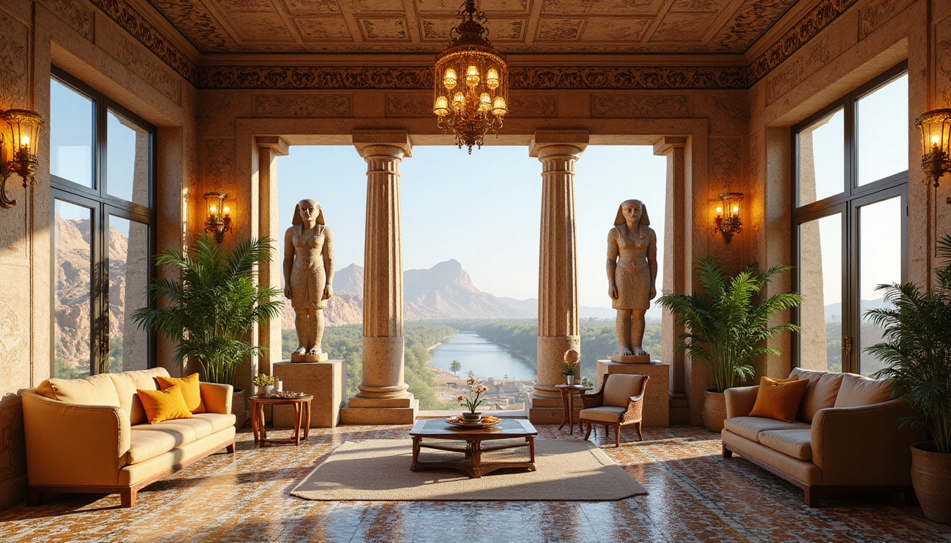  Opulent suite with mosaic tiles, brass lanterns, panoramic windows framing colossal Ramses statues and river