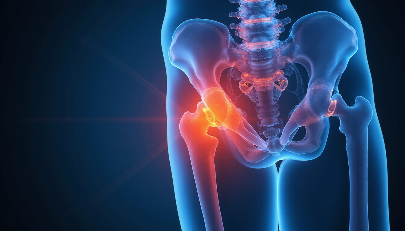  Detailed anatomical hip joint overlay on X-ray, pain heatmap, mobility chart and score gauge