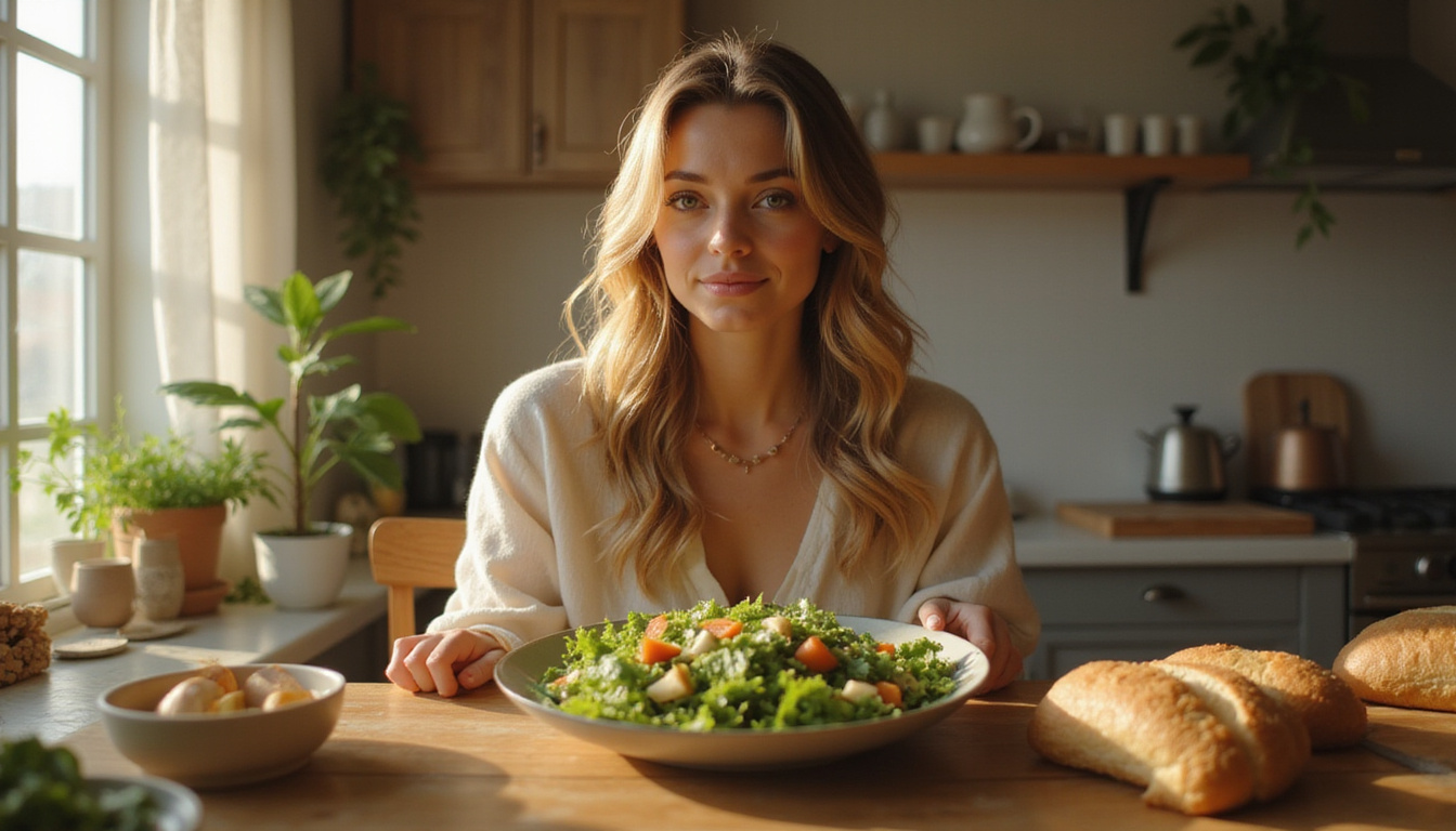  Serene woman choosing salad over bread, glowing confidence, scale in background, cinematic lighting