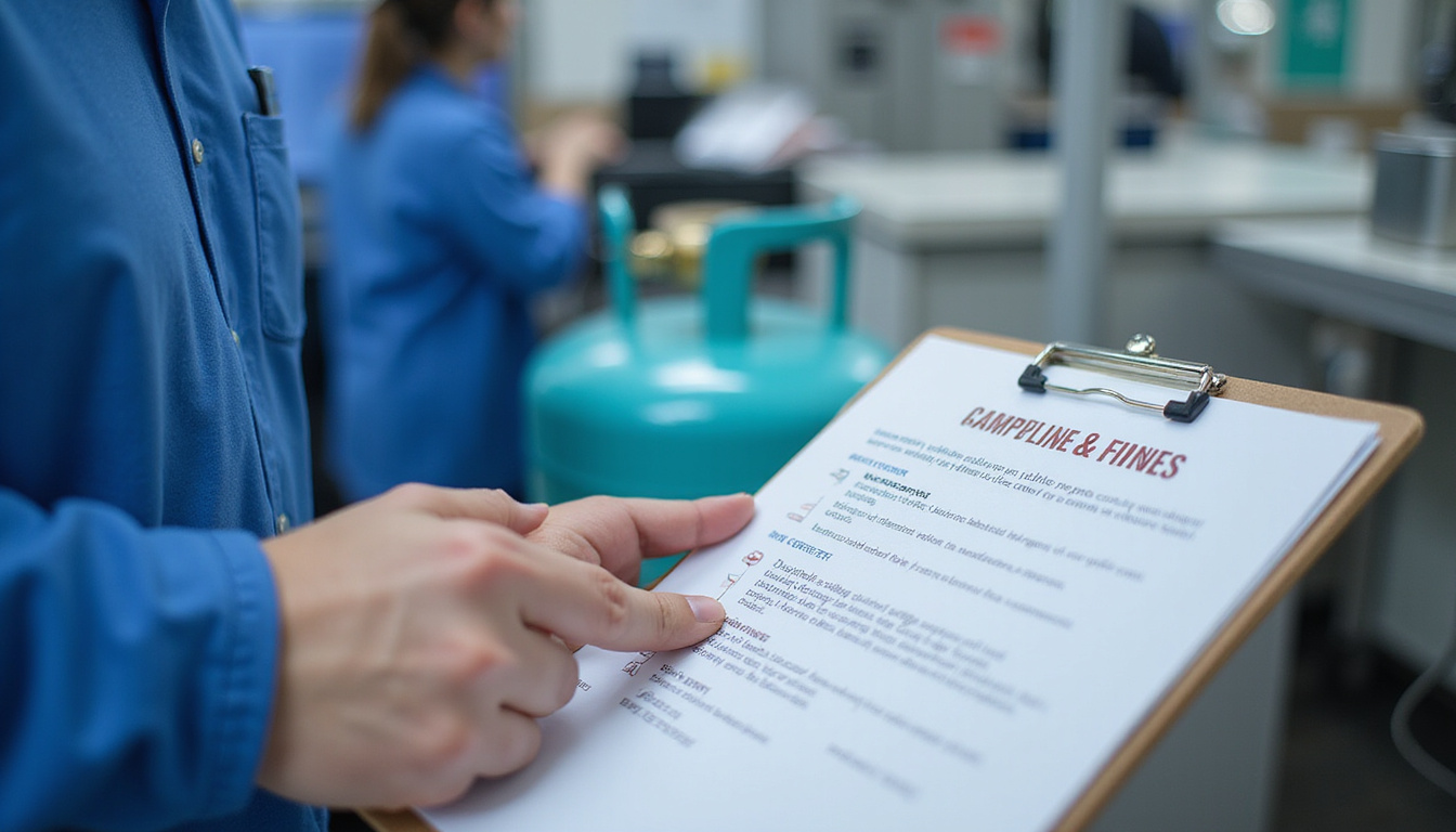 Close-up hands operating refrigerant recovery machine, compliance checklist clipboard, warning fines stamp blurred