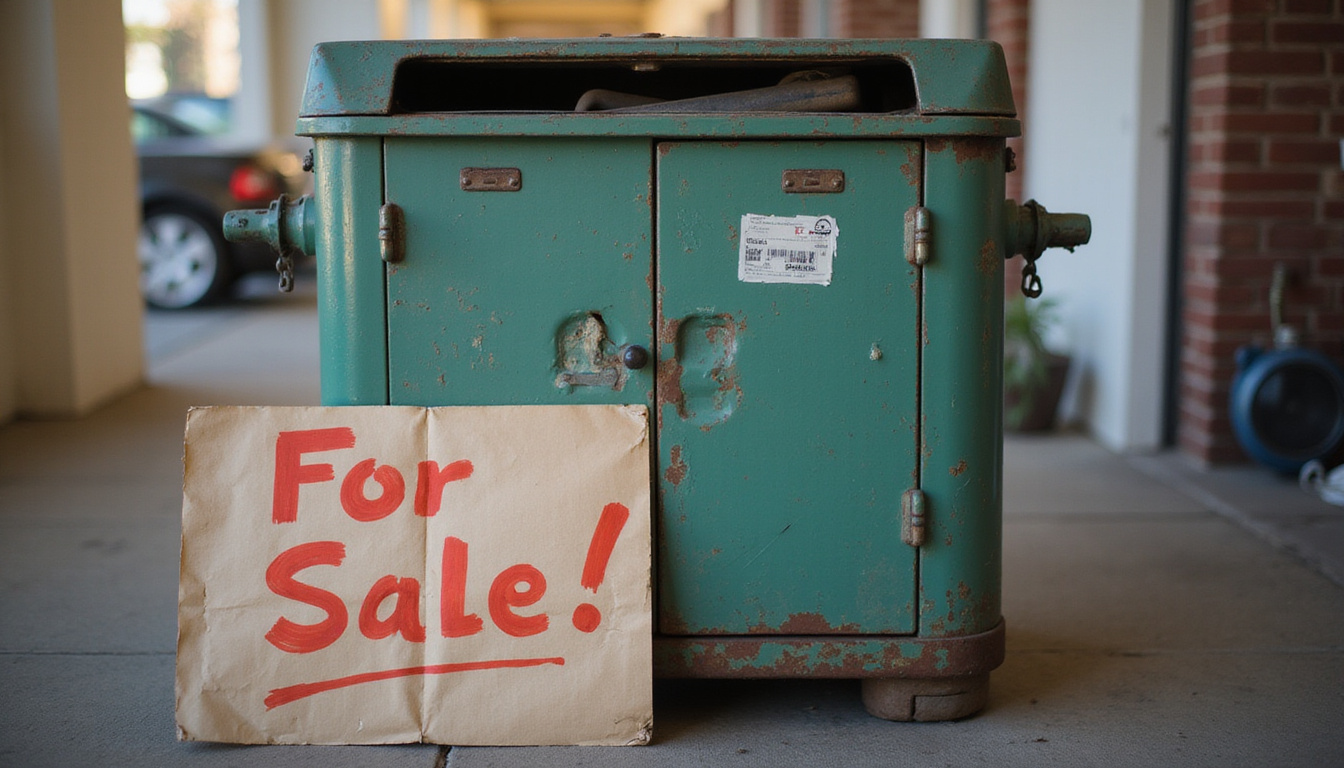  Garage sale scene: vintage trash compactor with handwritten 