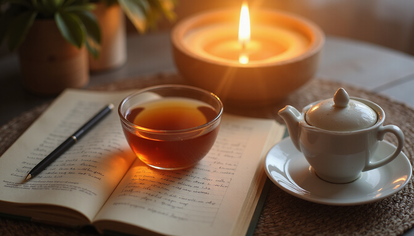  Morning ritual table: journal, steaming tea, candlelight, floating luminous mandala, soft warm tones