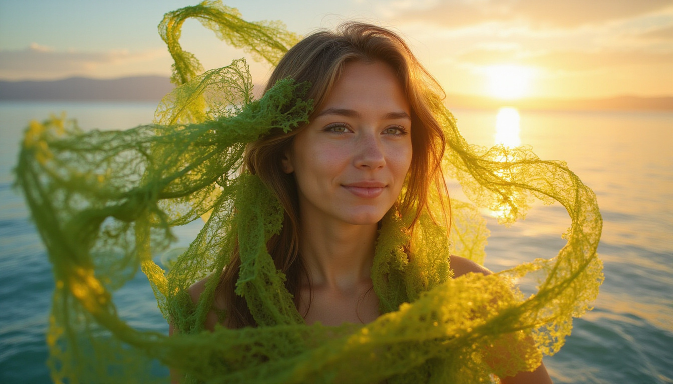  Energetic young woman surrounded by swirling seaweed extract capsules, radiant mitochondria, ocean sunrise background