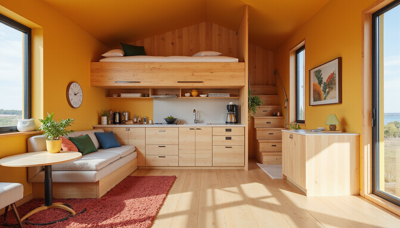  Minimalist small house layout, lofted storage, foldaway bed, integrated kitchen island, warm textures