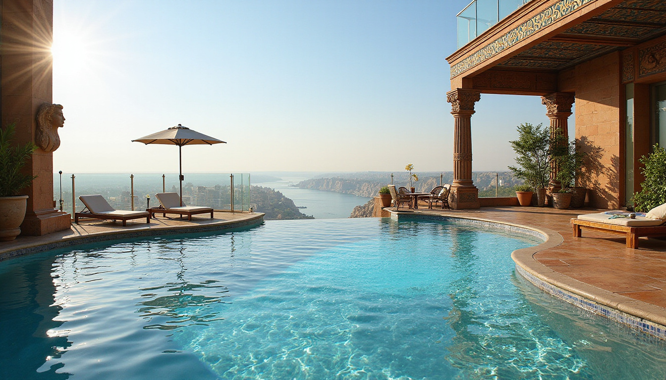  Rooftop infinity pool and lounge with ornate Egyptian motifs, glass railings, shimmering Nile reflections