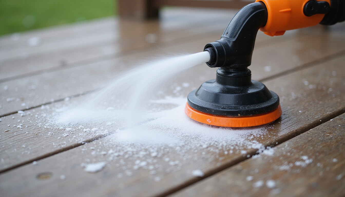  Close up powerful rotating nozzle blasting grime from wooden deck, crisp clean finish, gloved hands