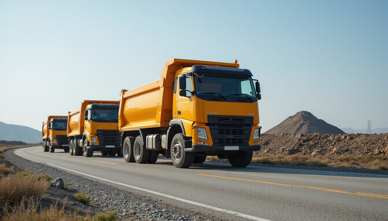  Fleet of dump trucks moving efficiently on graded road, cost-saving analytics holograms, confident manager