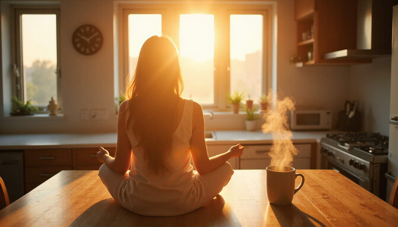 Sunlit kitchen, person meditating at table, steaming mug, floating symbols of peace, gentle domestic serenity