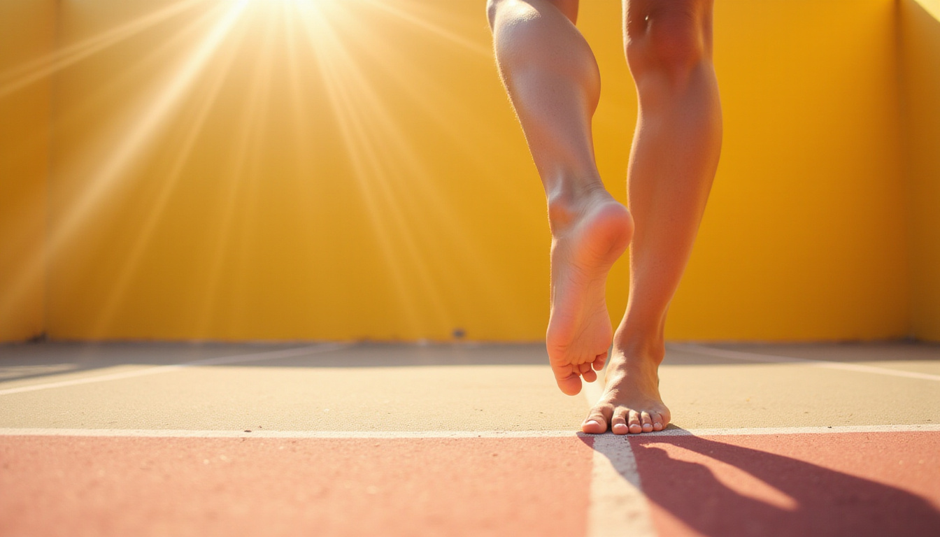  Close-up of feet and ankles doing balance and stretch exercises, court lines, vibrant sunlight