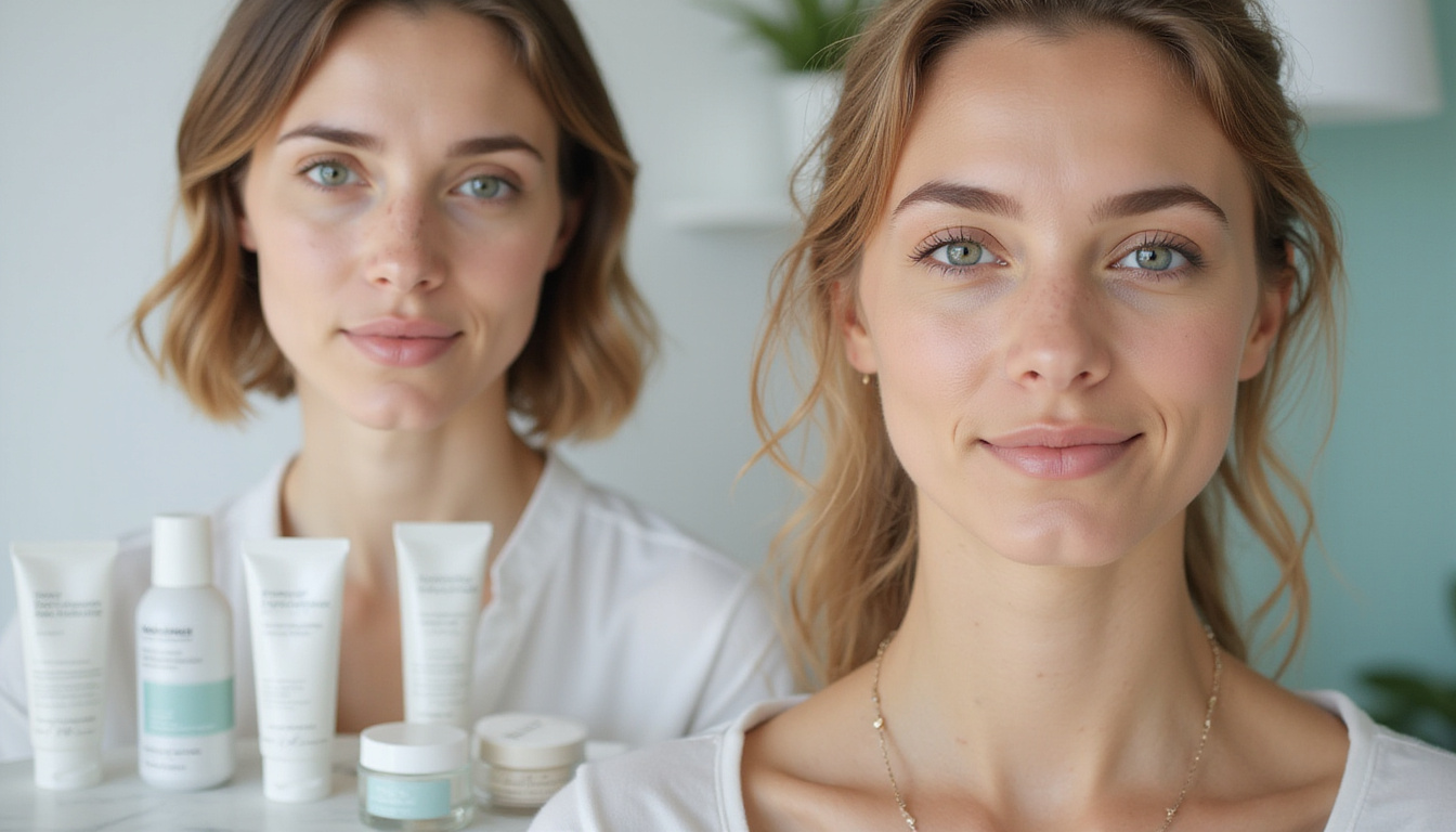  Before-and-after split portrait showing reduced wrinkles, soft lighting, dermatologist-approved skincare products on countertop