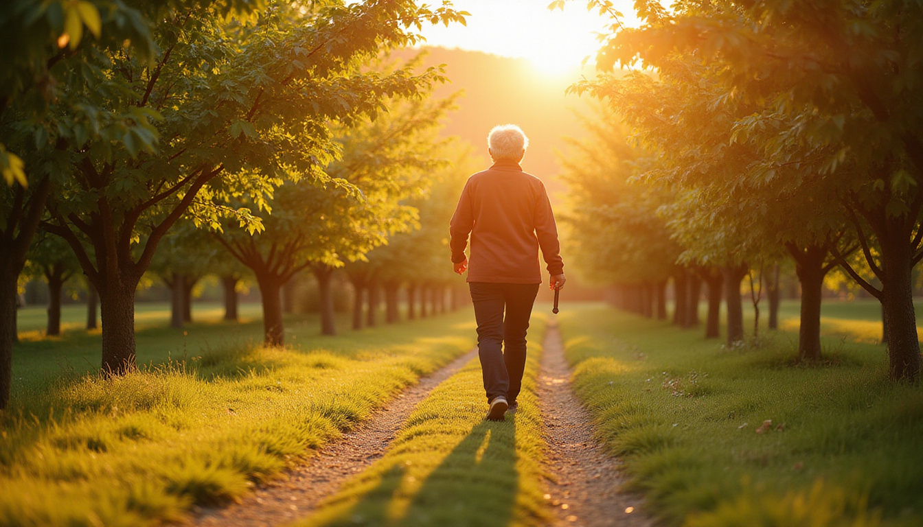  Elderly woman walking freely along orchard path, warm light, symbolic key unlocking glowing pain-free joints