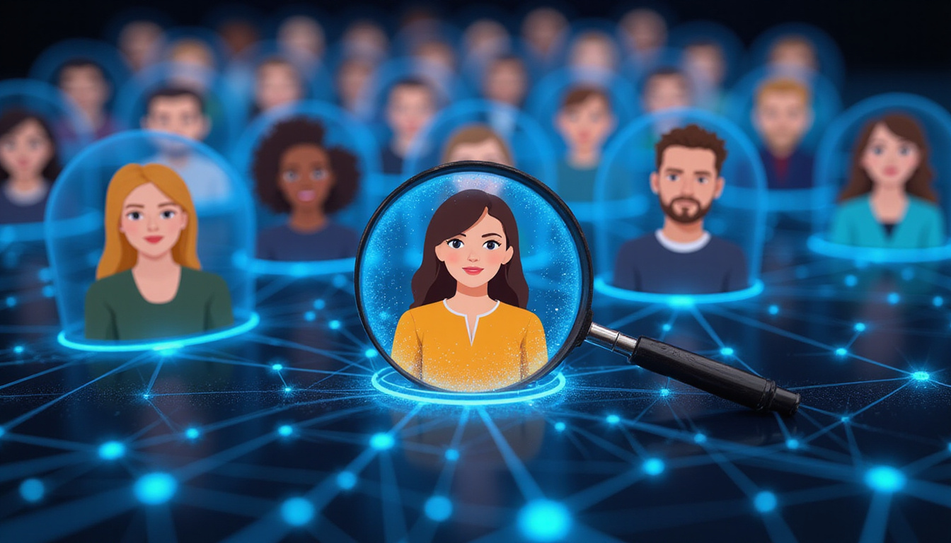  Diverse audience avatars connected by luminous network nodes, magnifying glass highlighting conversion hotspots