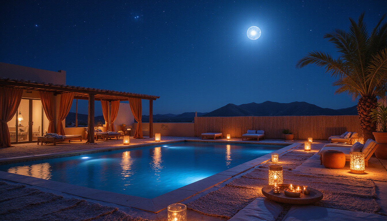  Moonlit rooftop lounge of a Nubian lodge, lanterns, woven textiles, stars reflected in water