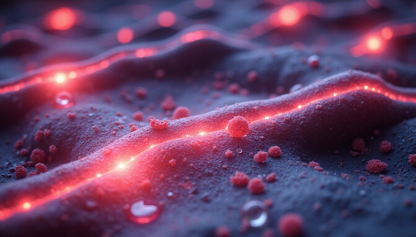  Scientific surreal depiction of synovial lining secreting lubricating fluid, cytokine particles, pain signals as red currents