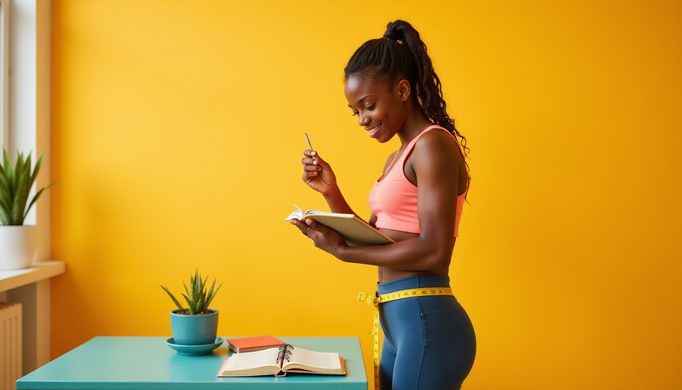  Focused morning ritual: fit person journaling, brain illuminated, measuring spoon, slim waist silhouette