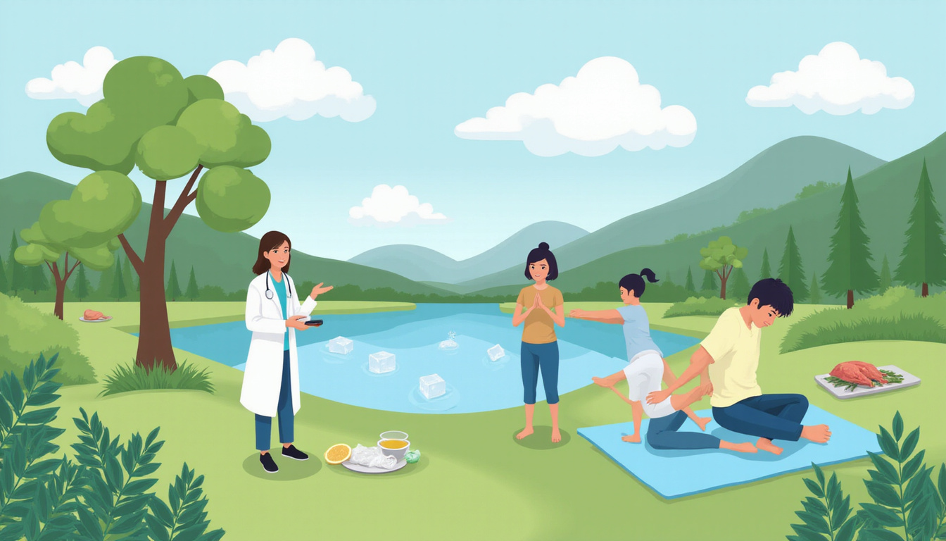  Serene scene showing safer pain relief alternatives: herbal remedies, ice pack, stretching person, doctor consulting