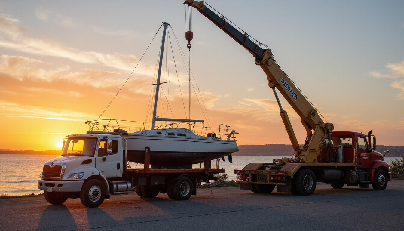  Tow truck lifting abandoned sailboat into truck, crane sunrise, clean harbor, efficient removal team