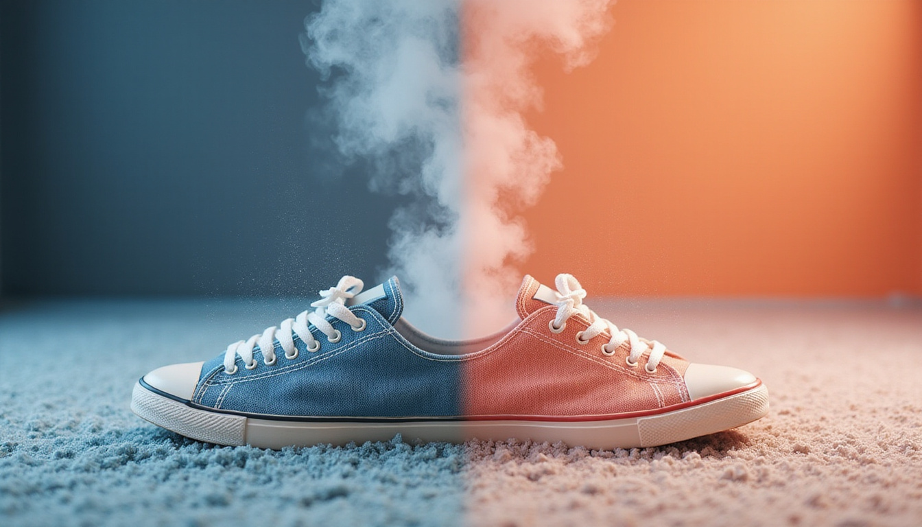Before-and-after shoes and carpet: dark odor haze dissolving into fresh linen breeze