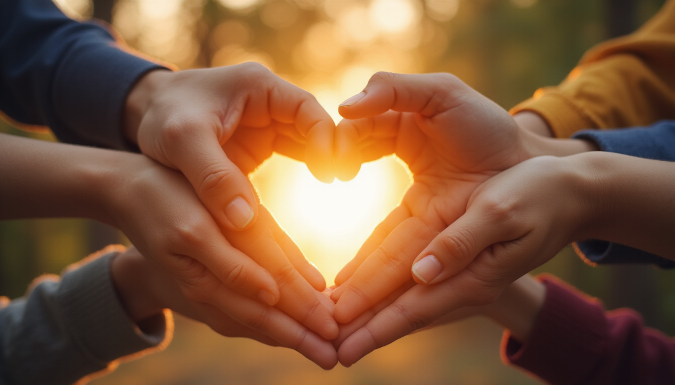  Hands forming heart-shaped light between diverse people, soft focus, warm golden compassion aura