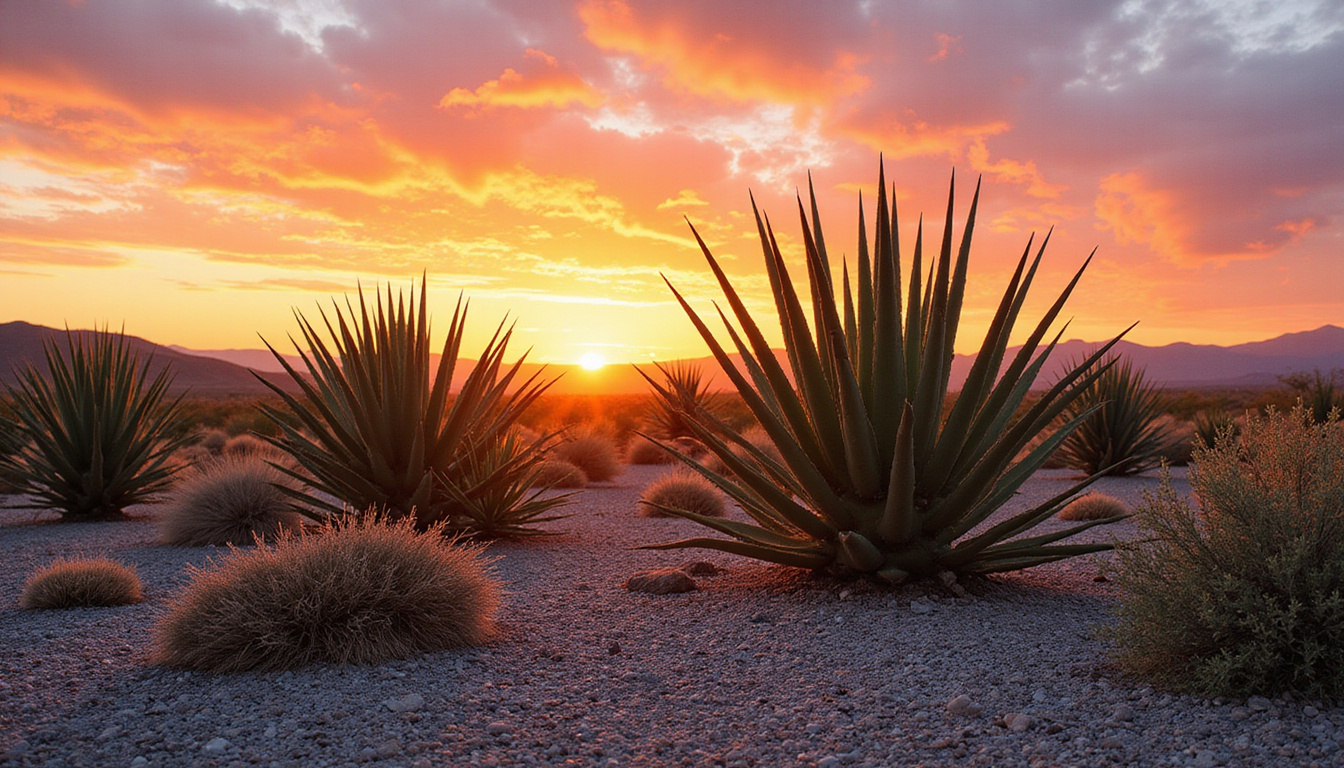  Drought-tolerant yucca landscape with spiky silhouettes, gravel mulch, sunset sky, rugged desert plants