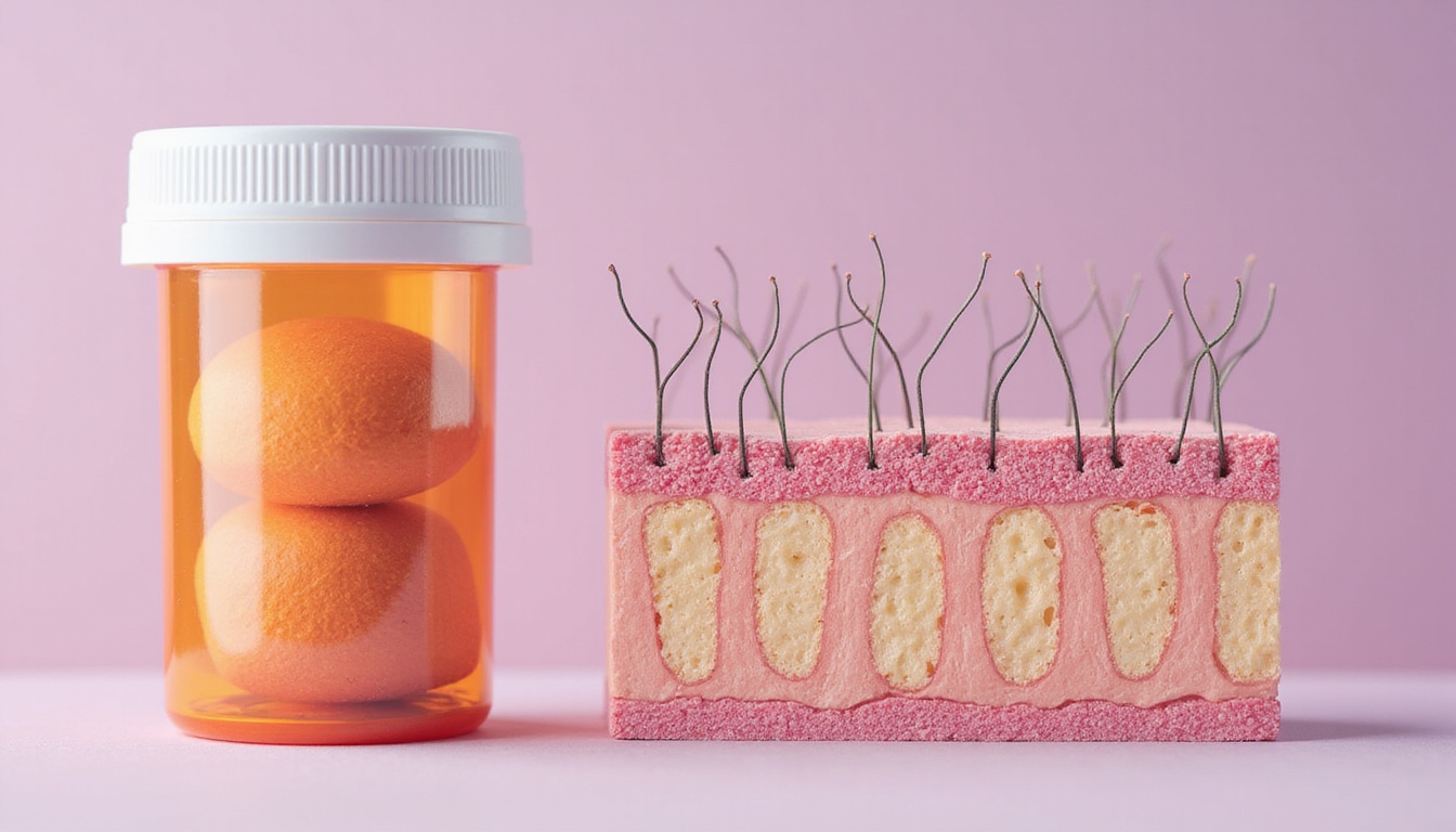  Split-image: letrozole pill bottle beside microscopic regenerating hair follicles and treatment infographic