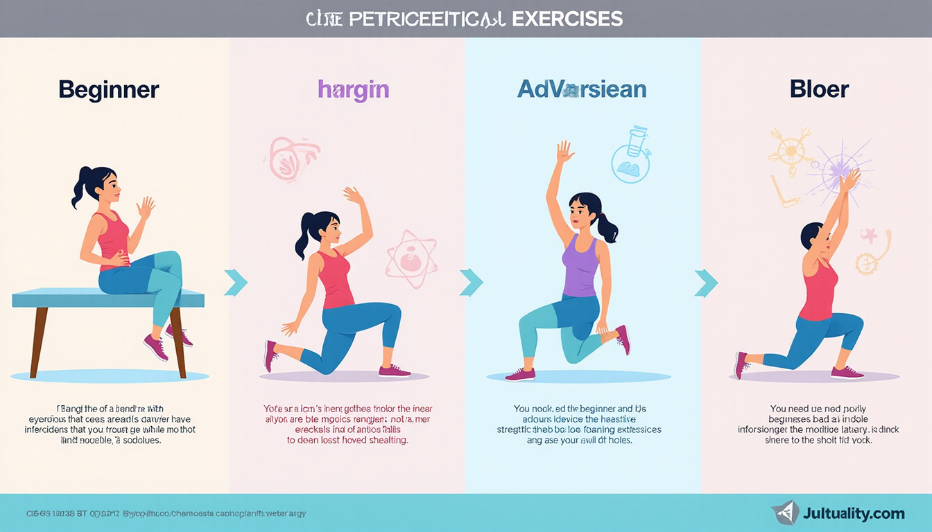  Infographic style split-screen: beginner to advanced strength exercises, science icons, clean design