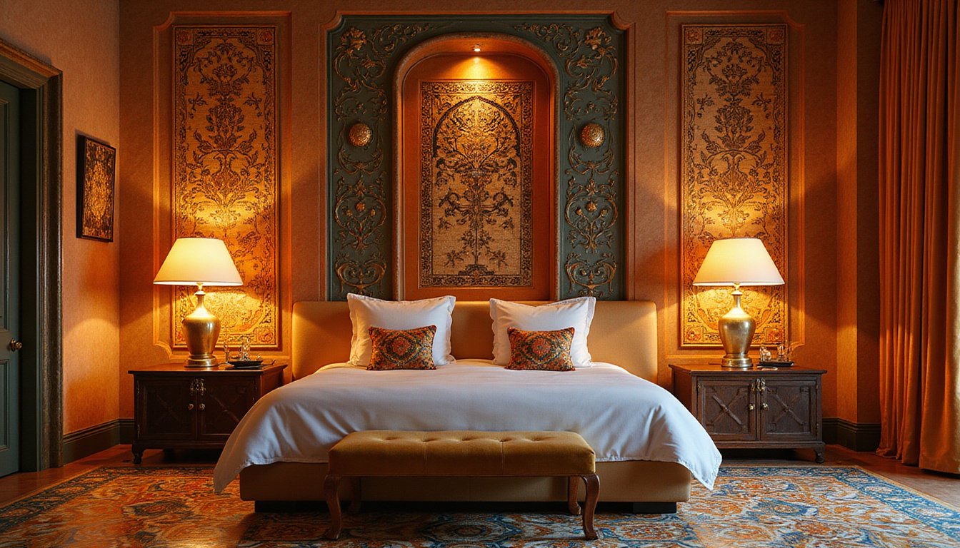  Opulent boutique suite with brass lamps intricate tiles velvet cushions Egyptian motifs warm golden light