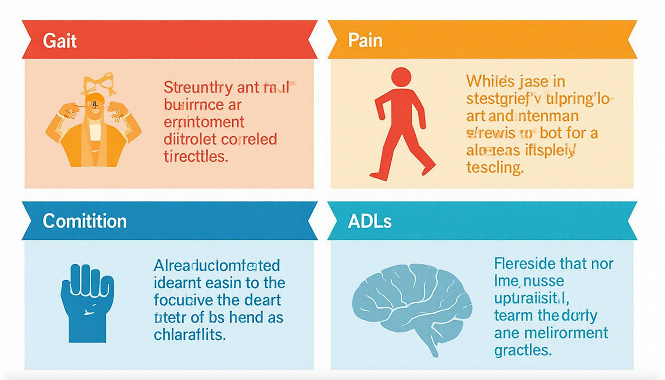  Vibrant infographic of functional outcome metrics: gait, strength, pain, cognition, ADLs, modern flat style