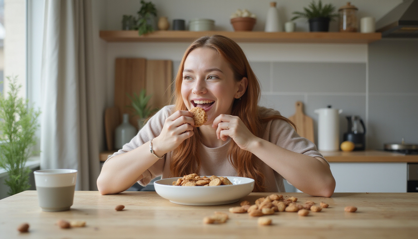 Photorealistic energetic person smiling mid-meal, crushing cookie into almond snack, bright kitchen