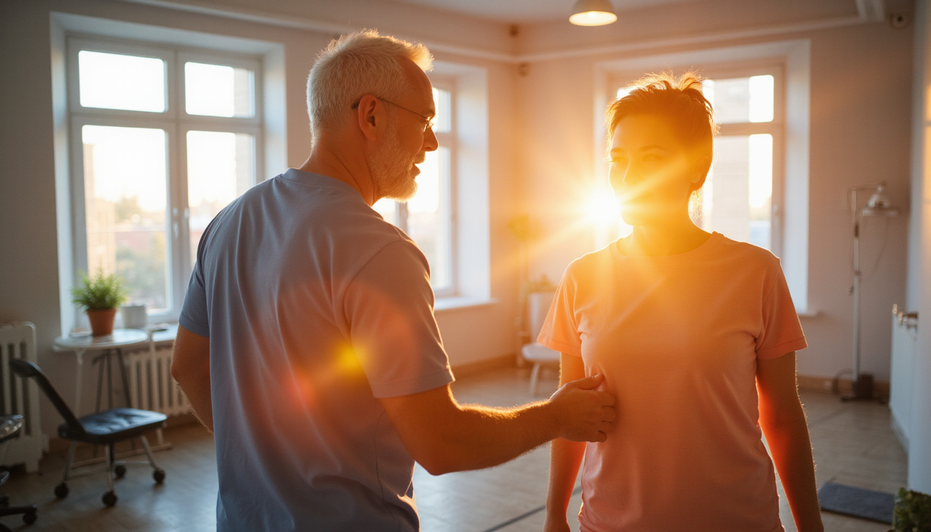  Modern clinic scene, physiotherapist guiding middle-aged person through mobility exercises, warm sunset light
