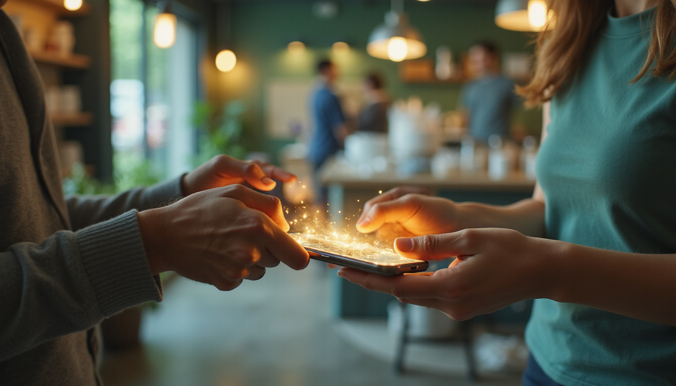  Close-up hands exchanging gadgets for glowing money app valuation, eco-friendly store backdrop