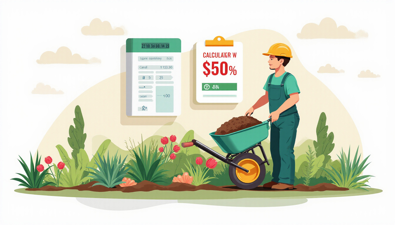 Landscape contractor with calculator and price chart, wheelbarrow of mulch, modern infographic overlay