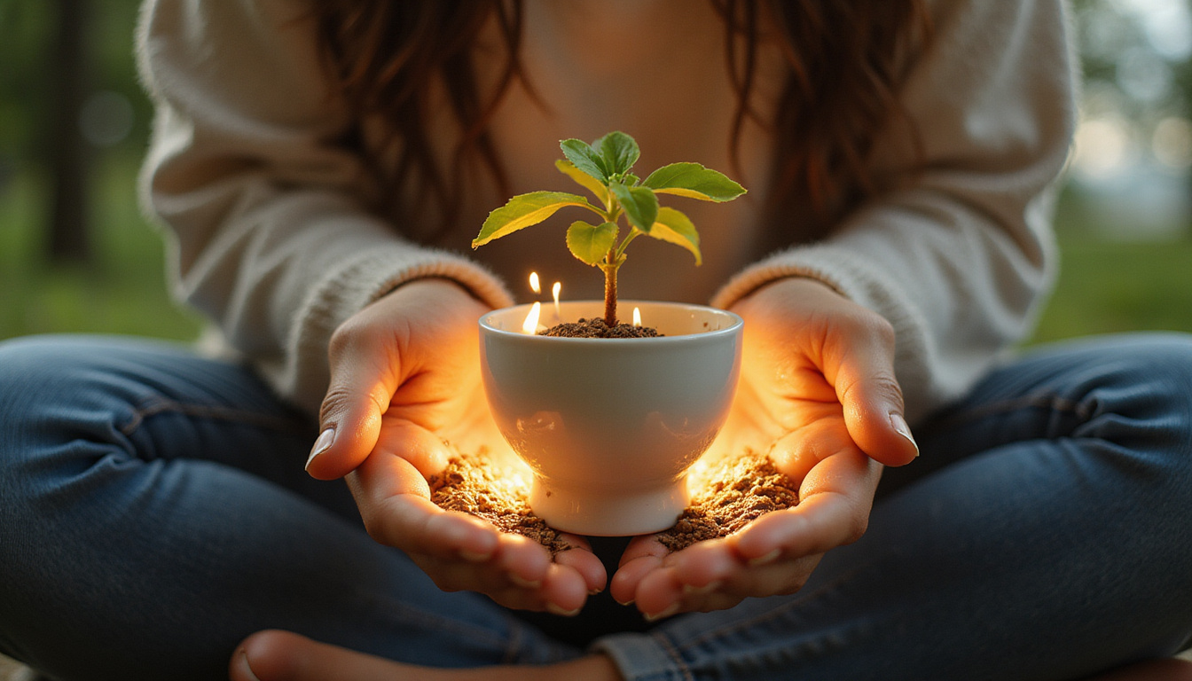  Urban woman performing morning ritual, glowing hands, plants and coffee transforming into lotus