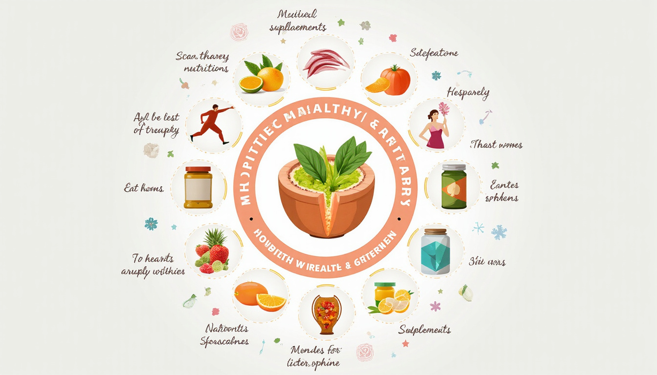  Infographic collage: nutrition, exercise, supplements, physiotherapy icons orbiting healthy cartilage core, vibrant flat design