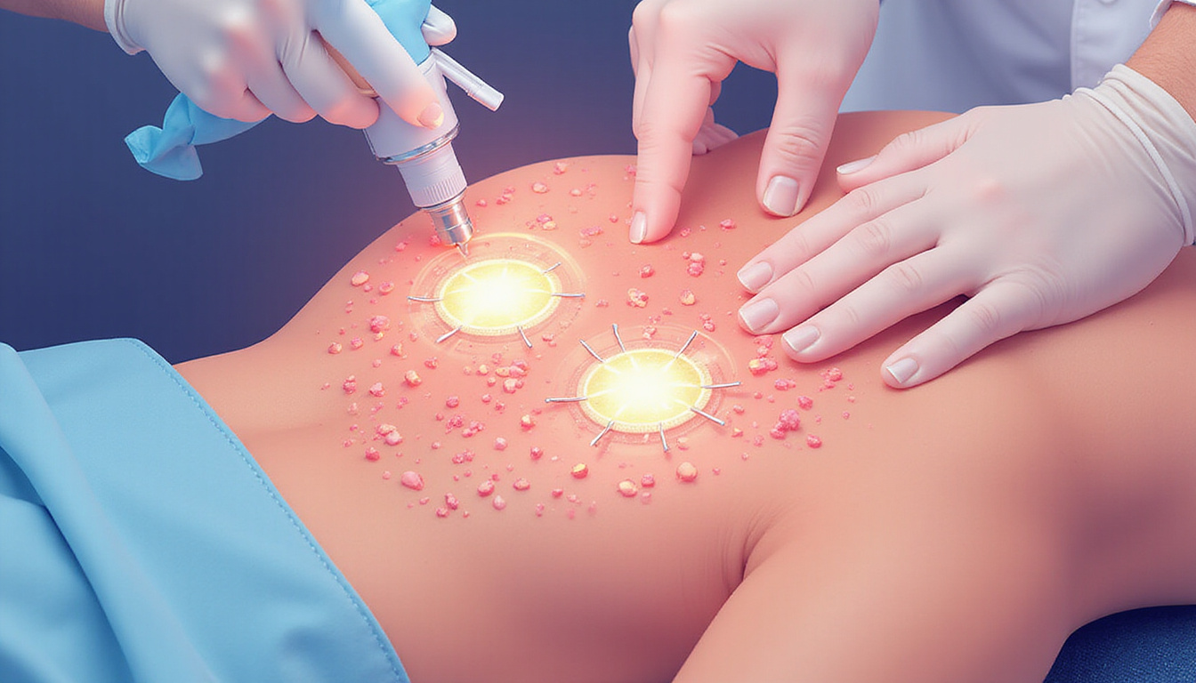  Medical illustration of endocrine system balancing hormones, dermatologist treating patient, glowing follicles