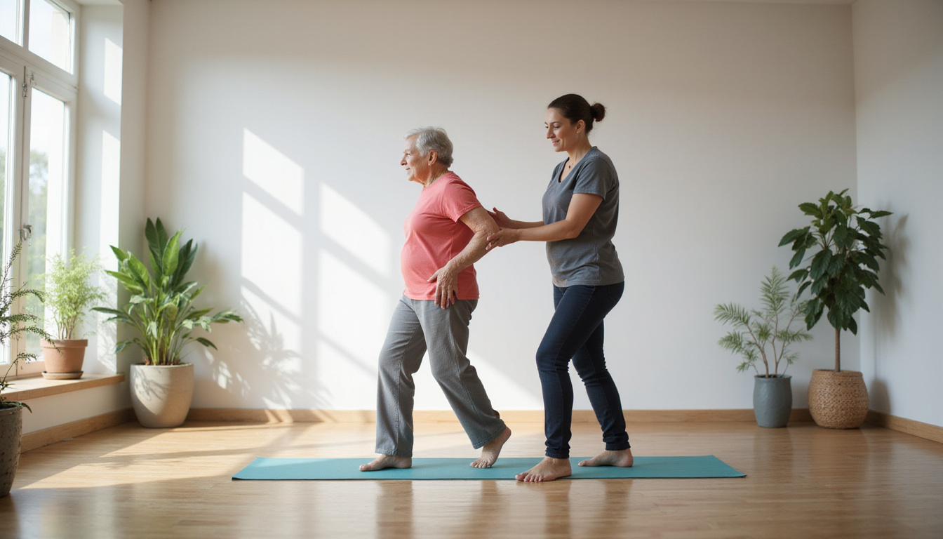  Calm yoga studio, elderly woman retraining gait with therapist, floating motion lines showing stability