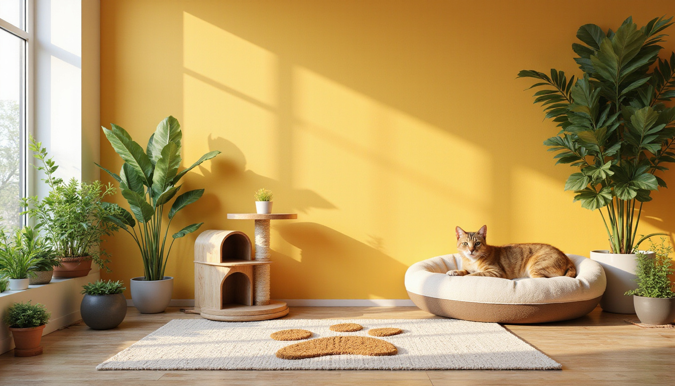  Cozy modern living room with cat tree, dog bed, paw-print welcome mat, lush plants