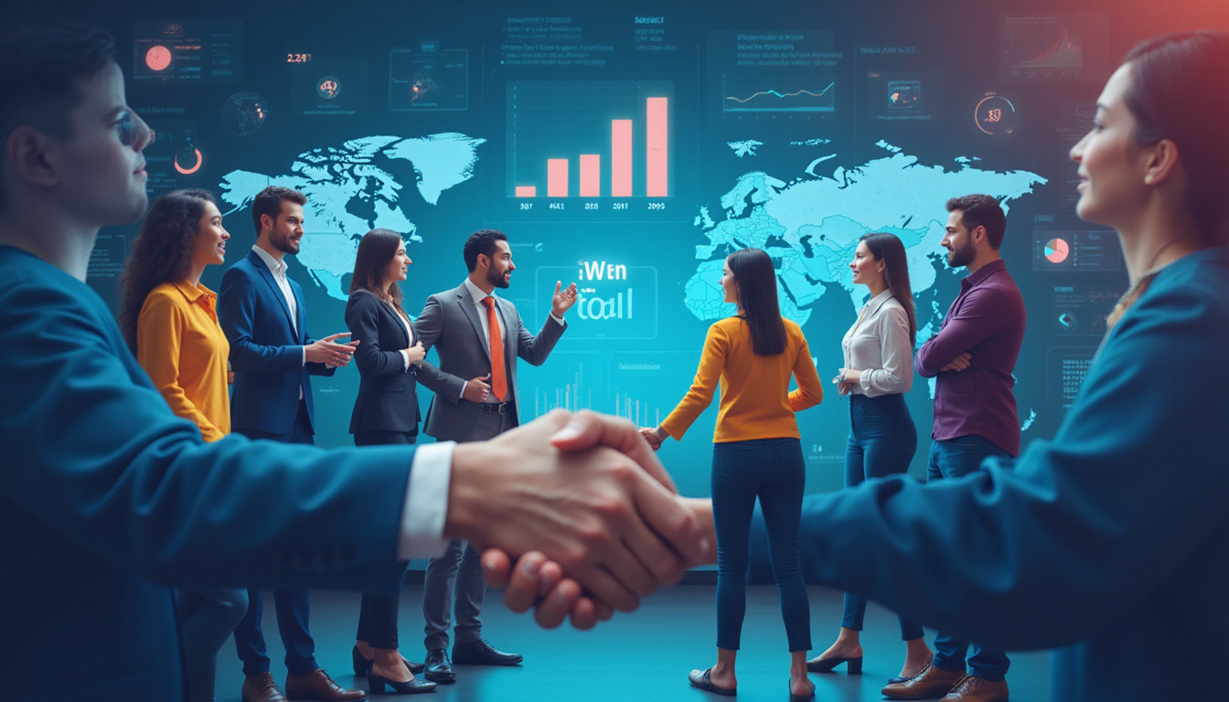  Diverse sales team around digital dashboard, highlighted win-loss charts, celebratory handshake