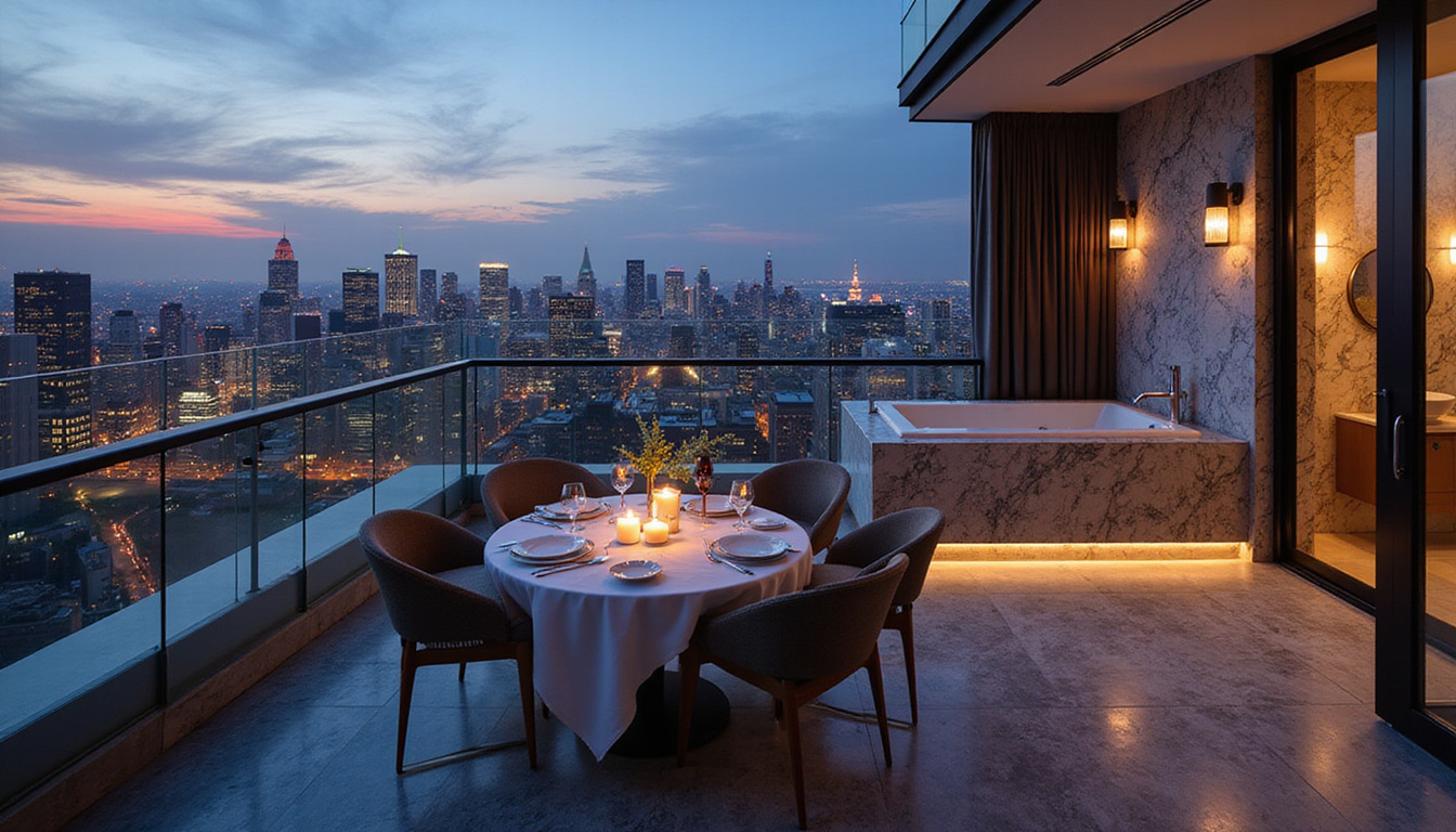  Luxury boutique hotel rooftop terrace, glass railing, candlelit dinner table, modern marble bathroom, cinematic aerial perspective